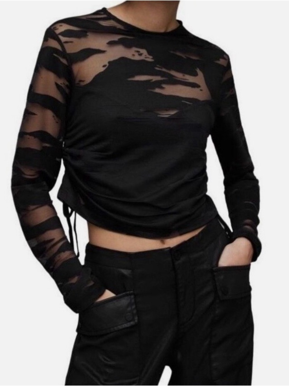 AllSaints Beta Mattea Burnout Sheer Mesh Ruched Crop Top NWT Black US 6